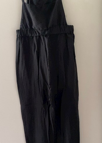 Kadın Siyah Keten Uzun Askılı Bol Tulum - Görsel 3