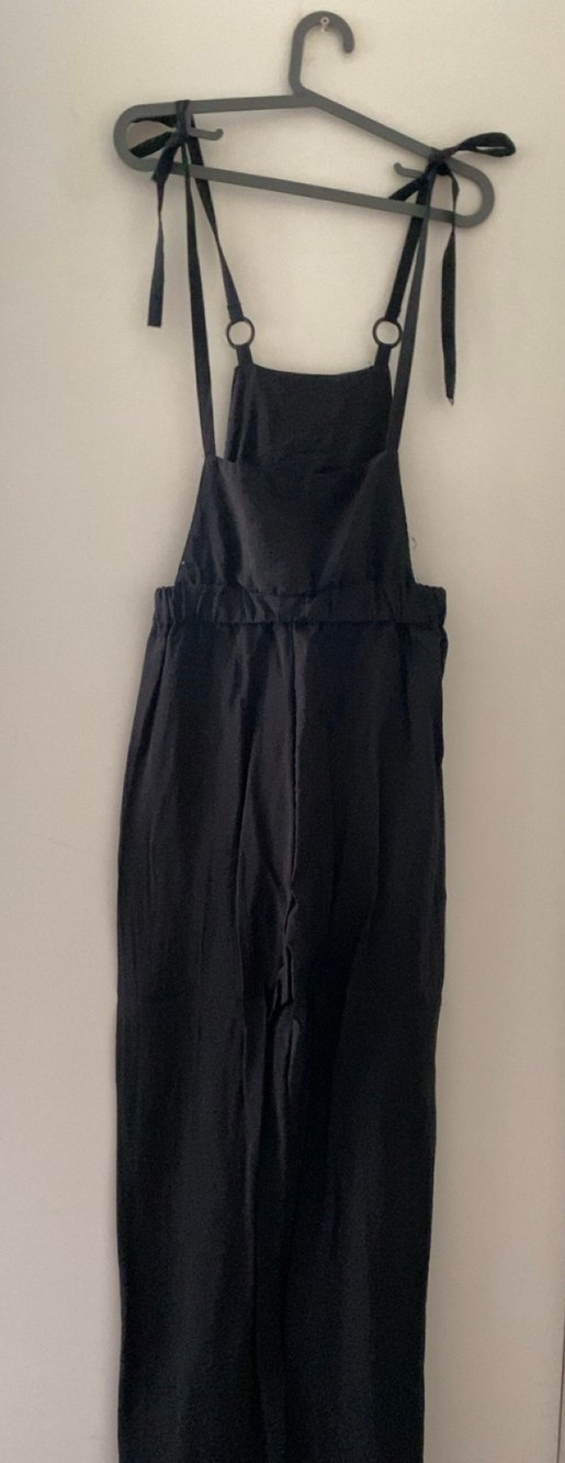 Kadın Siyah Keten Uzun Askılı Bol Tulum - Görsel 4