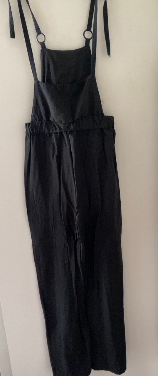 Kadın Siyah Keten Uzun Askılı Bol Tulum - Görsel 3