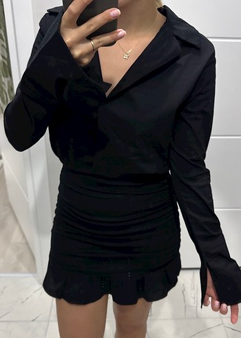 Zara Uzun Kollu V Yaka Siyah Mini Elbise