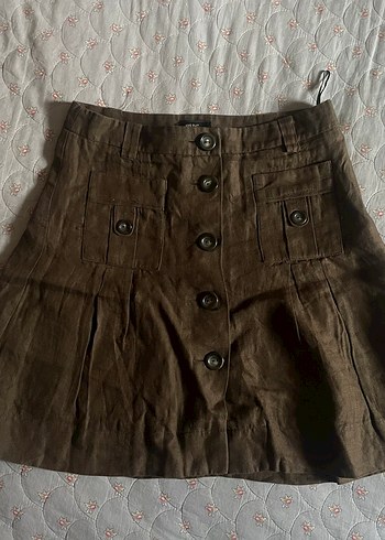 Düğmeli Kahverengi Keten Midi Etek - Görsel 2