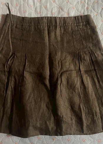 Düğmeli Kahverengi Keten Midi Etek - Görsel 3