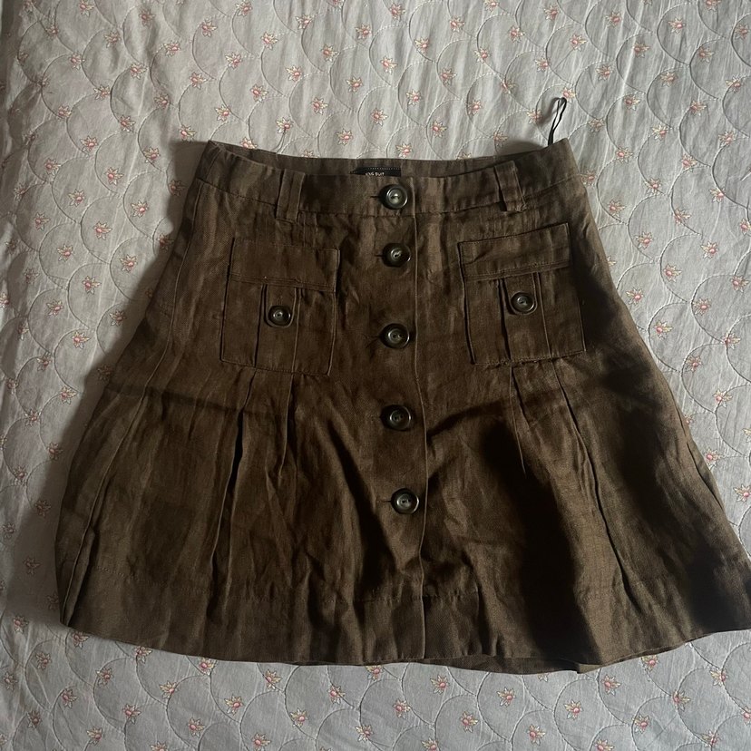 Düğmeli Kahverengi Keten Midi Etek - Görsel 2