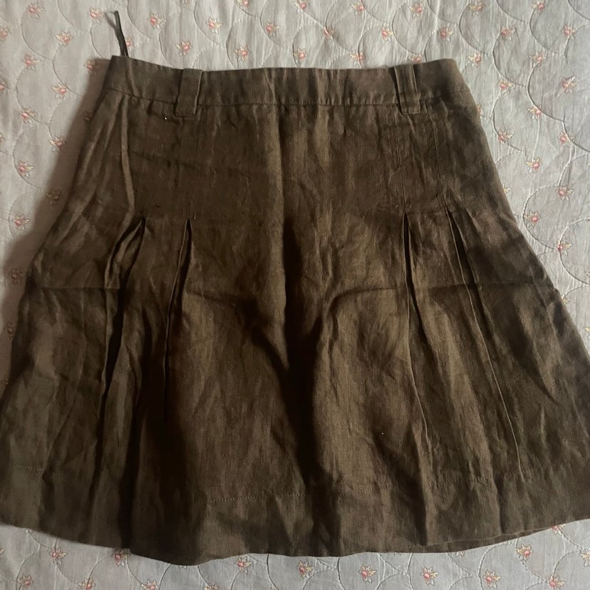 Düğmeli Kahverengi Keten Midi Etek - Görsel 3