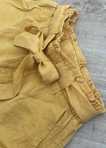 Kadın Sarı Keten Kemerli Rahat Pantolon - Görsel 3