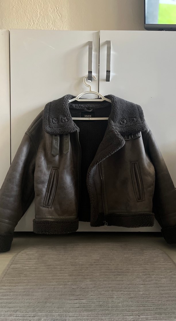 Gri Kürklü Deri Biker mont - Görsel 2