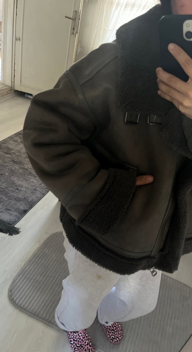 Gri Kürklü Deri Biker mont - Görsel 4