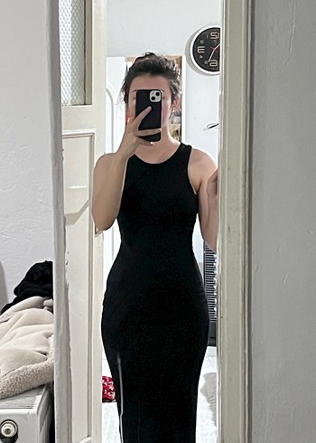 Kolsuz Siyah Uzun Kadın Elbise - Görsel 5