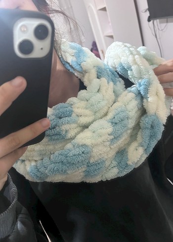 Mavi Gri Örgü Bohem Kadın Atkı - Görsel 2