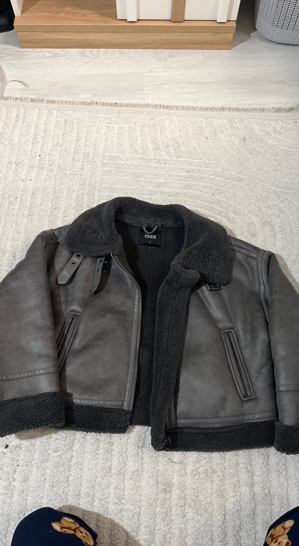 Gri Kürklü Deri Kadın Ceket Mini Kesim - Görsel 5