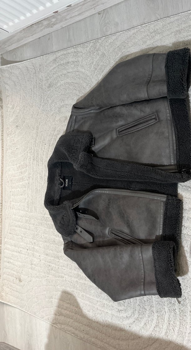 Gri Kürklü Deri Kadın Ceket Mini Kesim - Görsel 4