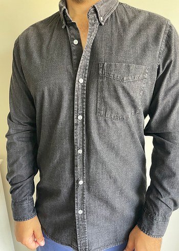 Pull and Bear Gri Erkek Denim Gomlek Dugmeli Uzun Kollu