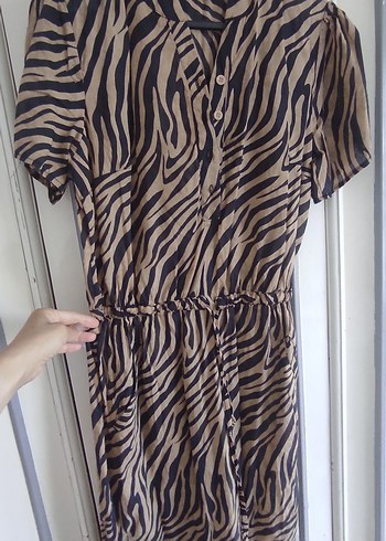 Kahverengi Zebra Desenli Midi Elbise