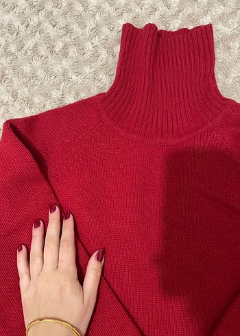 Kırmızı Boğazlı Örgü Kadın Kazak - Görsel 3