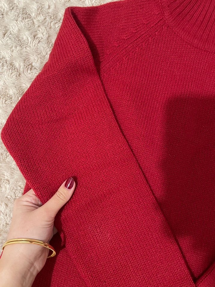 Kırmızı Boğazlı Örgü Kadın Kazak - Görsel 2