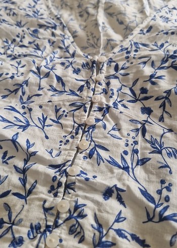 H&M Keten Mavi Bohem Derin V Yaka Düğmeli Kadın Bluz
