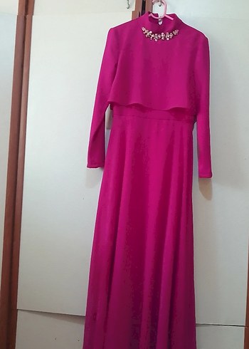 Pembe Uzun Kollu Drapeli Abiye Elbise