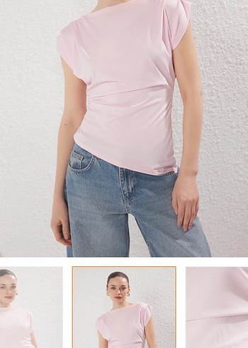 s Beden Pudra Pembe Drapeli Kısa Kollu Denim Bluz
