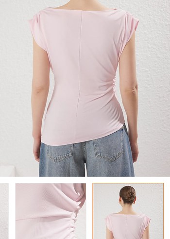 Trendyol & Milla Pudra Pembe Drapeli Kısa Kollu Denim Bluz
