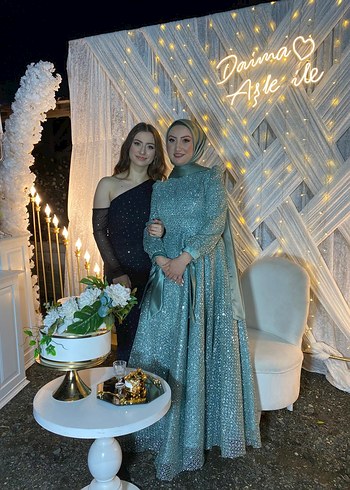 su yeşili taşlı tesettür elbise