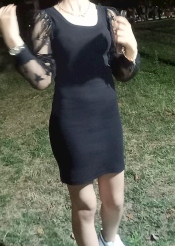 Siyah Strappy Midi Dar Kesim Elbise kolları tül yıldızlı - Görsel 3