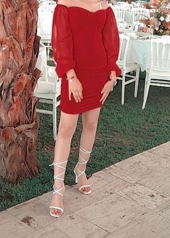 Kırmızı Mini Drapeli Halter Yaka Elbise - Görsel 2