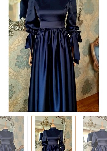 Lacivert Drapeli Uzun Kollu Abiye Elbise - Görsel 3