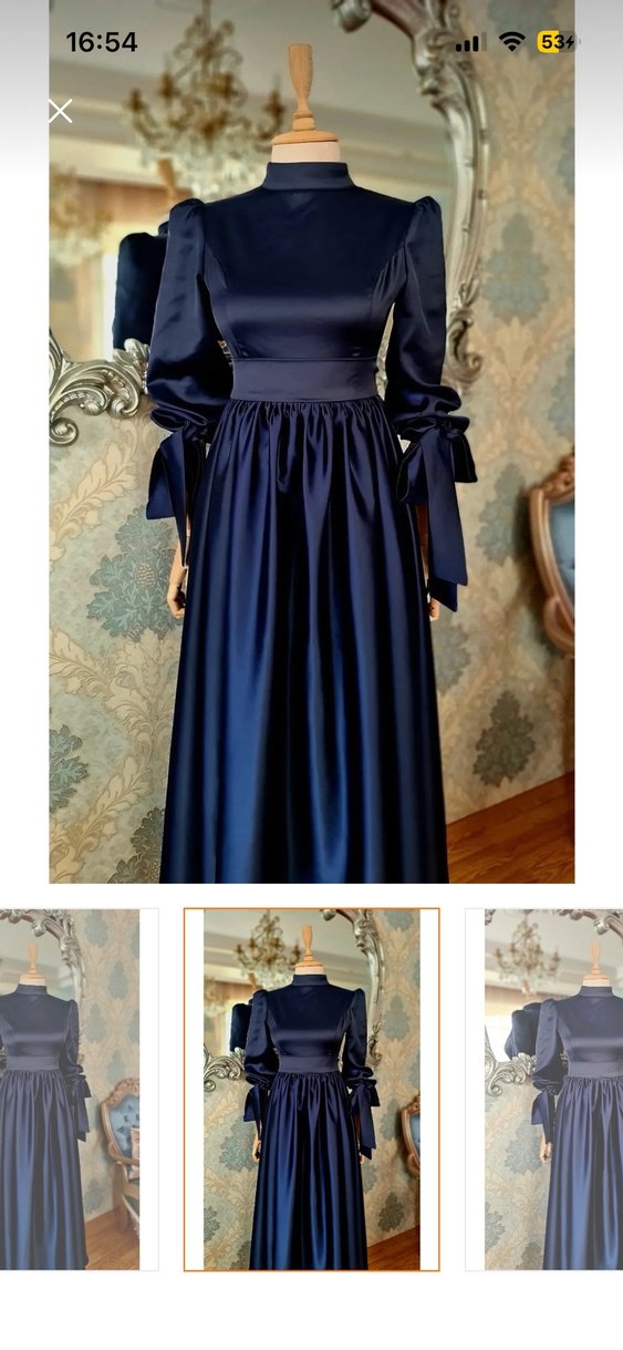 Lacivert Drapeli Uzun Kollu Abiye Elbise - Görsel 3