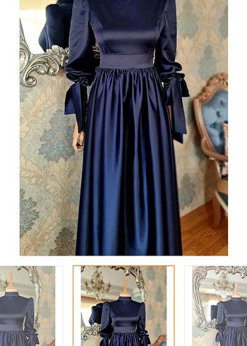 Lacivert Uzun Drapeli Kadın Abiye Elbise - Görsel 2