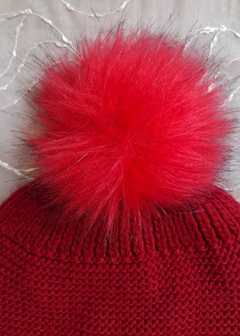 Kırmızı Kadın Yün Bere Kürk Ponponlu - Görsel 2