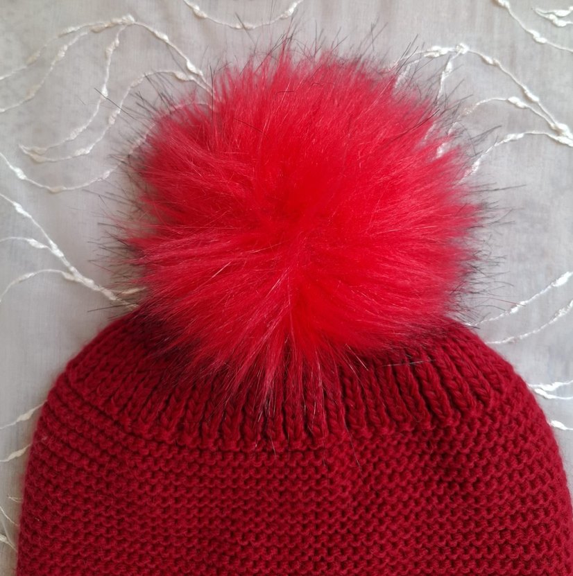 Kırmızı Kadın Yün Bere Kürk Ponponlu - Görsel 2