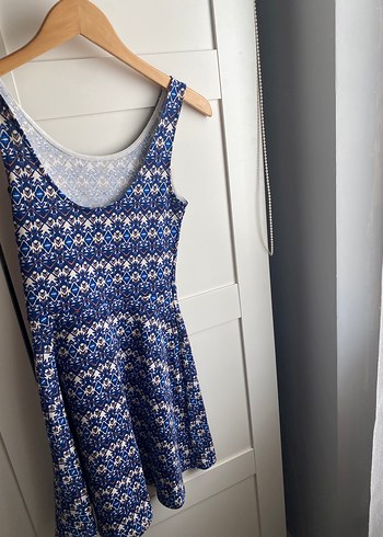 H&M Mavi Bohem V-Yaka Midi Elbise