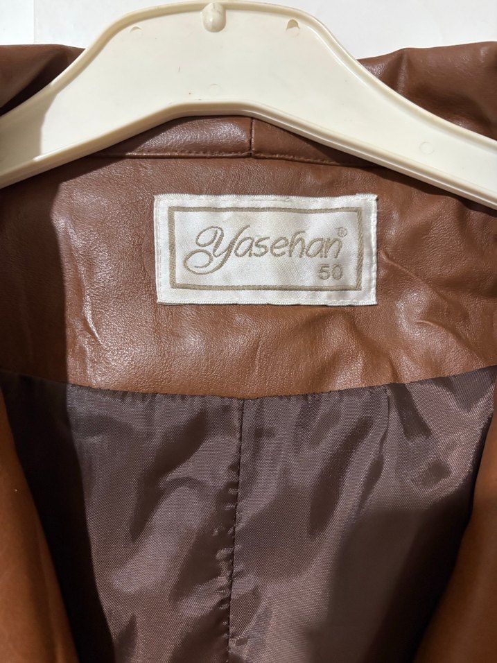 Düğmeli Kahverengi Uzun Deri Kadın Ceket - Görsel 2