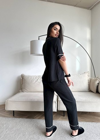 Diğer Siyah V Yaka Kısa Kollu Pamuklu Pijama Takımı