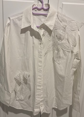 Zara Nakışlı Beyaz Pamuklu Uzun Kollu Gömlek
