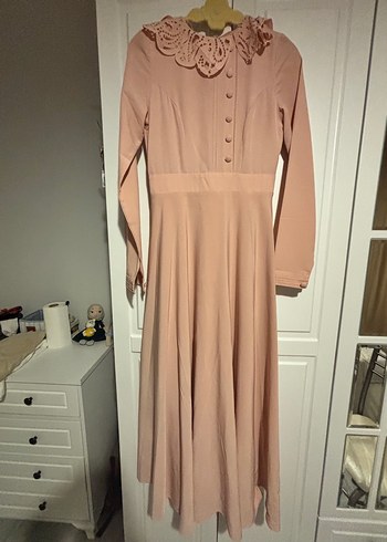36 Beden Uzun Kollu Bej Vintage Elbise