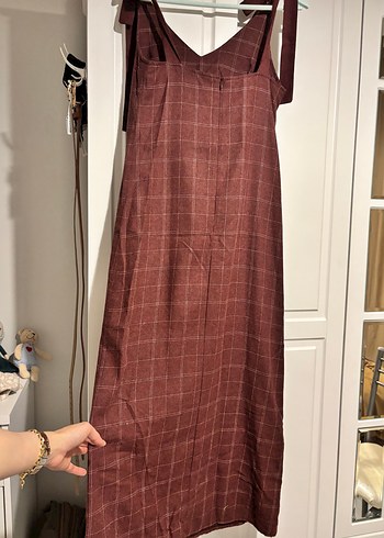 36 Beden Bordo Kareli Uzun Askılı Elbise