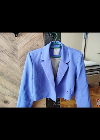 Quzu Kruvaze Crop Mavi Blazer Ceket