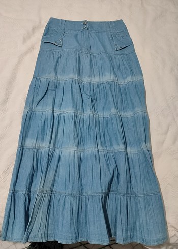 Kadın Mavi Uzun Pileli Denim Etek