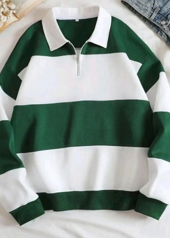 Yeşil Beyaz Çizgili Fermuarlı Sweatshirt