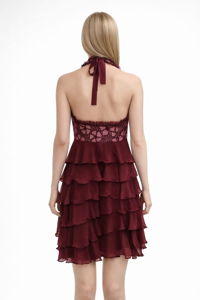 Bordo V Yaka Fırfırlı Midi Kokteyl Elbisesi - Görsel 2