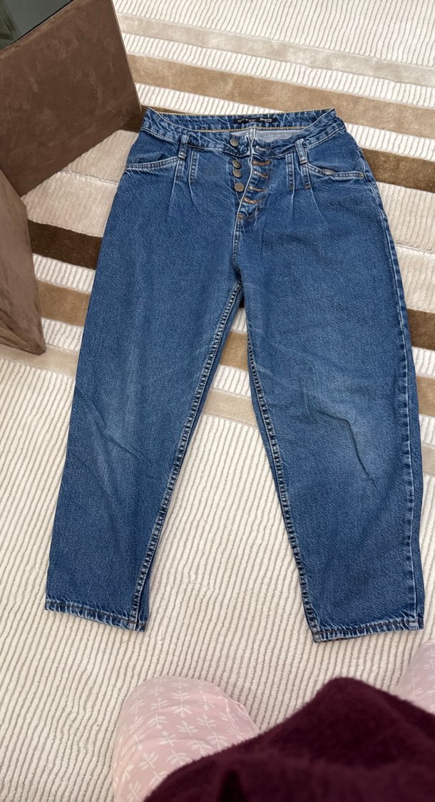 Slouchy jean Düğmeli Midi Mavi Kadın Kot pantolon - Görsel 2