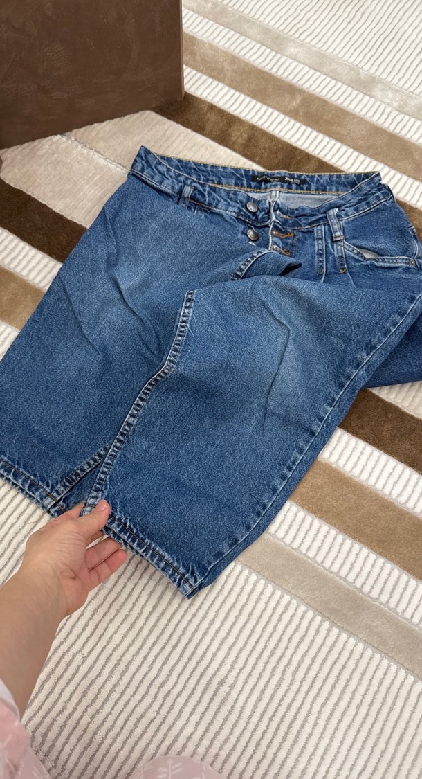 Slouchy jean Düğmeli Midi Mavi Kadın Kot pantolon - Görsel 4
