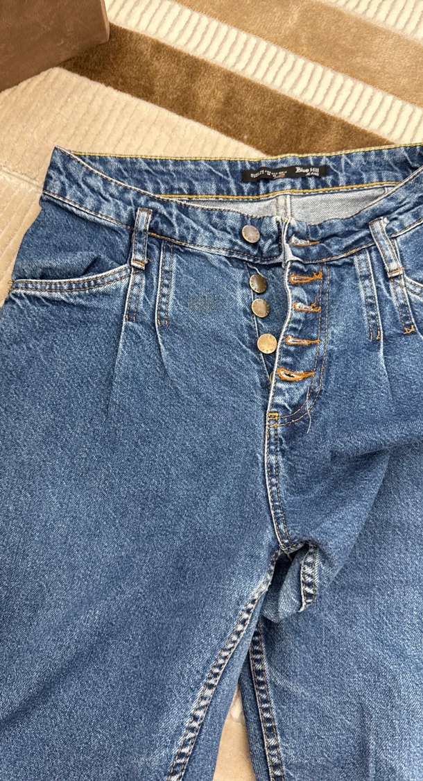 Slouchy jean Düğmeli Midi Mavi Kadın Kot pantolon - Görsel 3