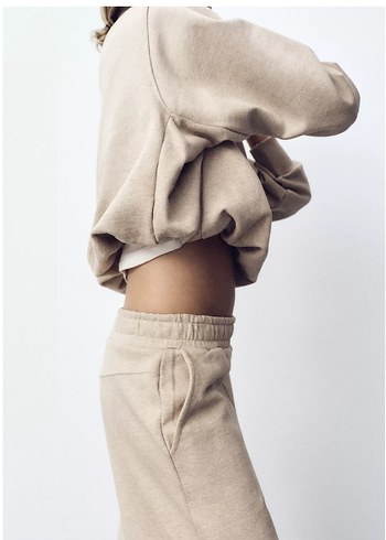 Zara crop Bej Renkli Kadın Salaş Sweatshirt - Görsel 3