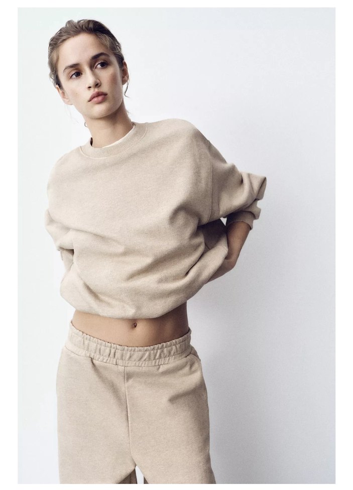 Zara crop Bej Renkli Kadın Salaş Sweatshirt - Görsel 2