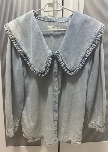 Gri Denim Düğmeli Kadın Gömlek