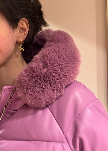 Peluş Detaylı Mor Deri Kadın Kışlık Mont - Görsel 2