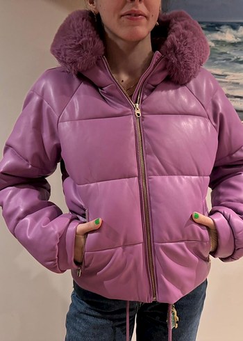 Peluş Detaylı Mor Deri Kadın Kışlık Mont - Görsel 4