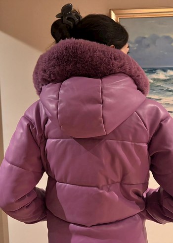 Peluş Detaylı Mor Deri Kadın Kışlık Mont - Görsel 3